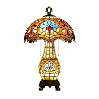 Настольная лампа Тиффани Petunia OFT953 Tiffany Lighting голубая разноцветная коричневая жёлтая 2 лампы, основание разноцветное коричневое стекло металл в стиле тиффани цветы