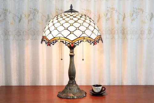 Настольная лампа Тиффани European OFT922 Tiffany Lighting разноцветная коричневая бежевая 2 лампы, основание коричневое металл в стиле тиффани орнамент фото 2