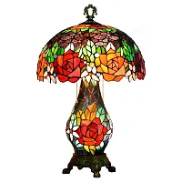 Настольная лампа Тиффани Rose OFT948 Tiffany Lighting разноцветная синяя оранжевая красная 2 лампы, основание разноцветное коричневое стекло металл в стиле тиффани цветы