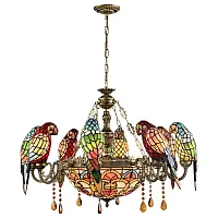 Люстра подвесная Тиффани 894-803-11 Velante разноцветная на 11 ламп, основание бронзовое в стиле тиффани флористика попугаи птички Люстра подвесная Тиффани 894-803-11 Velante разноцветная на 11 ламп, основание бронзовое в стиле тиффани флористика попугаи птички