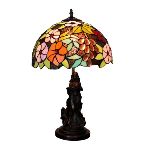 Настольная лампа Тиффани Grape OFT871 Tiffany Lighting разноцветная оранжевая красная зелёная 1 лампа, основание коричневое металл в стиле тиффани виноград девушка цветы фото 6