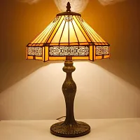 Настольная лампа Тиффани Ornament OFT860 Tiffany Lighting разноцветная бежевая 1 лампа, основание коричневое металл в стиле тиффани орнамент