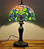 Настольная лампа Тиффани Butterfly OFT858 Tiffany Lighting зелёная разноцветная синяя 1 лампа, основание коричневое металл в стиле тиффани бабочки цветы
