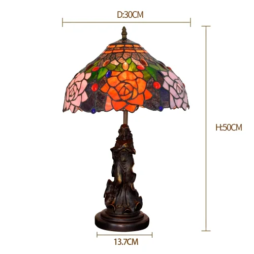 Настольная лампа Тиффани Flower OFT867 Tiffany Lighting разноцветная синяя оранжевая красная 1 лампа, основание коричневое металл в стиле тиффани девушка цветы фото 5