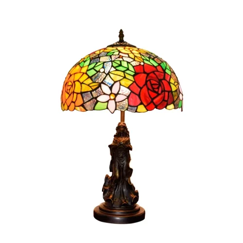 Настольная лампа Тиффани Rose OFT863 Tiffany Lighting разноцветная жёлтая красная зелёная 1 лампа, основание коричневое металл в стиле тиффани девушка цветы фото 5