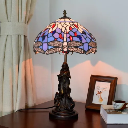 Настольная лампа Тиффани Dragonfly OFT862 Tiffany Lighting разноцветная синяя белая 1 лампа, основание коричневое металл в стиле тиффани девушка стрекоза фото 3