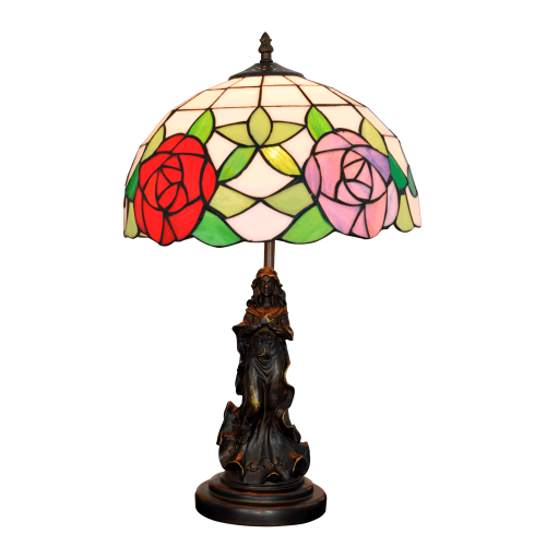 Настольная лампа Тиффани Flower OFT874 Tiffany Lighting разноцветная синяя красная зелёная 1 лампа, основание коричневое металл в стиле тиффани цветы девушка фото 5