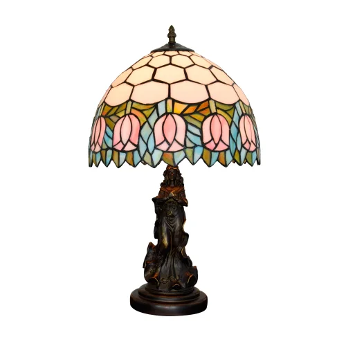 Настольная лампа Тиффани Tulip OFT876 Tiffany Lighting разноцветная розовая зелёная 1 лампа, основание коричневое металл в стиле тиффани девушка цветы