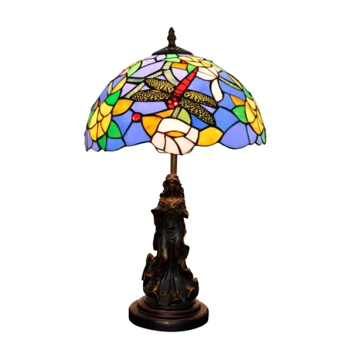 Настольная лампа Тиффани Dragonfly OFT880 Tiffany Lighting красная жёлтая синяя разноцветная 1 лампа, основание коричневое металл в стиле тиффани девушка цветы стрекоза фото 2