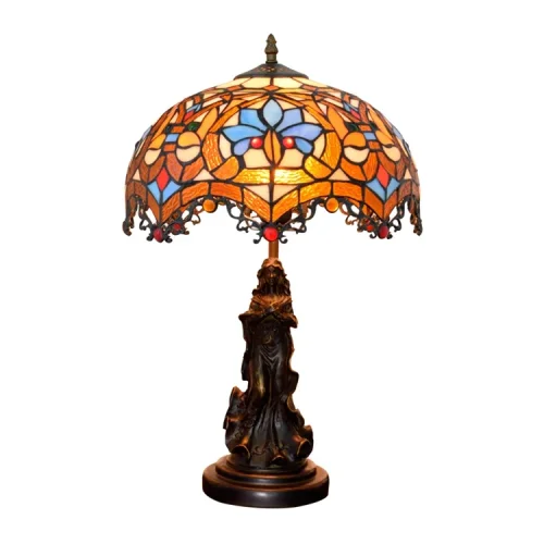 Настольная лампа Тиффани Petunia OFT881 Tiffany Lighting коричневая оранжевая разноцветная голубая 1 лампа, основание коричневое металл в стиле тиффани девушка цветы орнамент