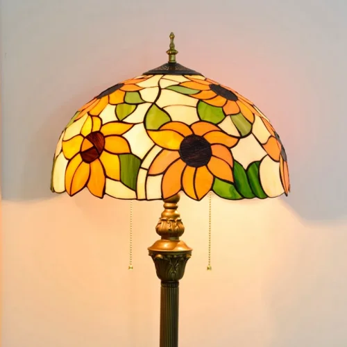 Торшер Тиффани Sunflower OFRF1007 Tiffany Lighting подсолнухи разноцветный оранжевый зелёный 2 лампы, основание бронзовое коричневое в стиле тиффани
 фото 4
