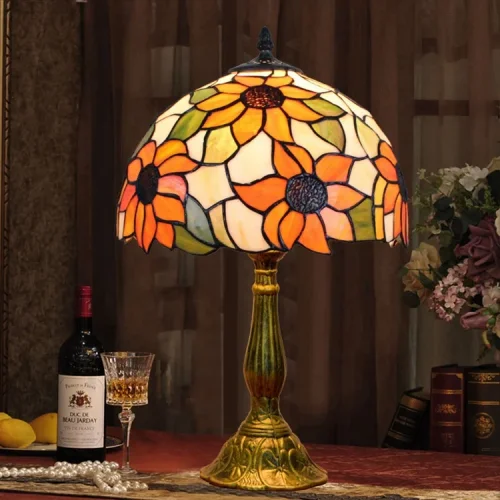 Настольная лампа Тиффани Sunflower OFT816 Tiffany Lighting разноцветная оранжевая зелёная белая 1 лампа, основание бронзовое коричневое металл в стиле тиффани подсолнухи цветы фото 3
