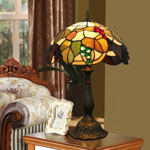 Настольная лампа Тиффани Autumn OFT829 Tiffany Lighting разноцветная коричневая красная зелёная 1 лампа, основание коричневое металл в стиле тиффани цветы виноград фото 2