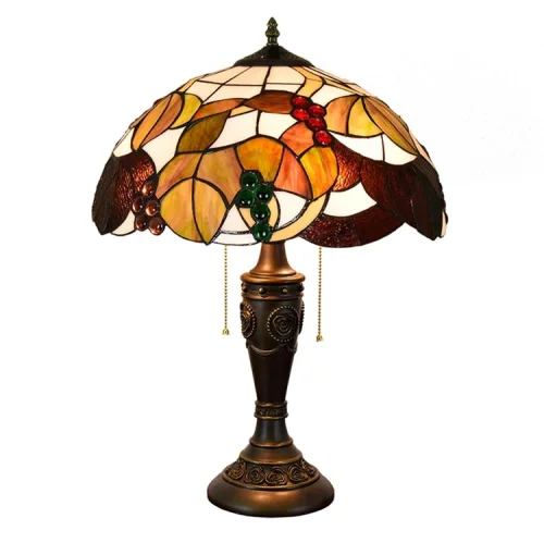 Настольная лампа Тиффани Autumn OFT898 Tiffany Lighting разноцветная коричневая зелёная белая 2 лампы, основание коричневое полимер в стиле тиффани цветы виноград
