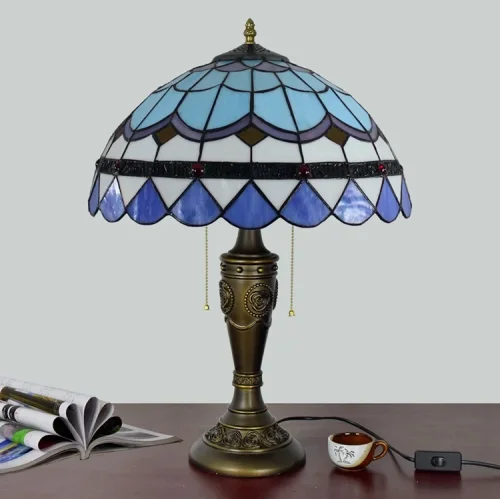 Настольная лампа Тиффани Mediterranean OFT894 Tiffany Lighting голубая разноцветная белая 2 лампы, основание коричневое полимер в стиле тиффани средиземноморский орнамент фото 4