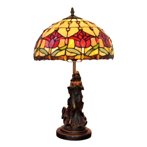 Настольная лампа Тиффани Tulip OFT865 Tiffany Lighting разноцветная жёлтая красная зелёная 1 лампа, основание коричневое металл в стиле тиффани девушка цветы