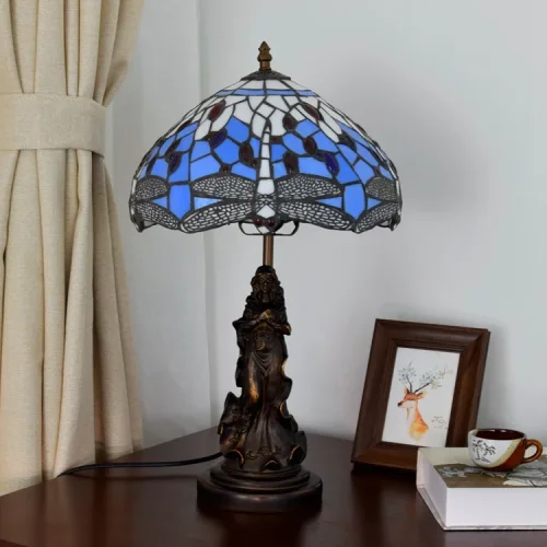 Настольная лампа Тиффани Dragonfly OFT862 Tiffany Lighting разноцветная синяя белая 1 лампа, основание коричневое металл в стиле тиффани девушка стрекоза фото 7