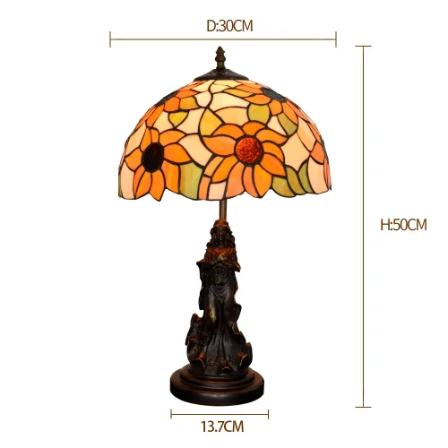 Настольная лампа Тиффани Sunflower OFT877 Tiffany Lighting разноцветная оранжевая зелёная белая 1 лампа, основание коричневое металл в стиле тиффани цветы девушка фото 6