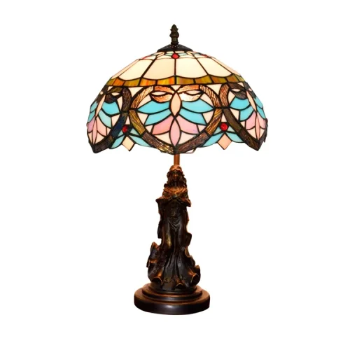 Настольная лампа Тиффани Petunia OFT868 Tiffany Lighting белая зелёная коричневая разноцветная голубая 1 лампа, основание коричневое металл в стиле тиффани девушка орнамент