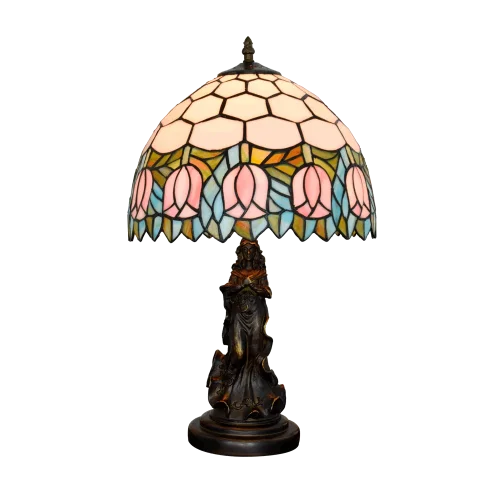Настольная лампа Тиффани Tulip OFT876 Tiffany Lighting разноцветная розовая зелёная 1 лампа, основание коричневое металл в стиле тиффани девушка цветы фото 5