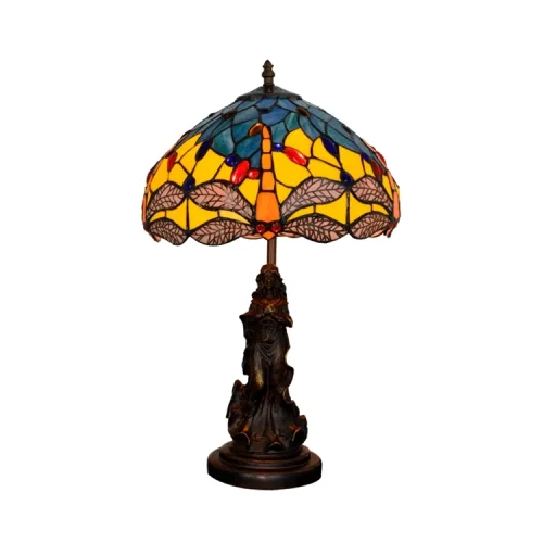Настольная лампа Тиффани Dragonfly OFT861 Tiffany Lighting разноцветная синяя жёлтая красная 1 лампа, основание коричневое металл в стиле тиффани девушка стрекоза
