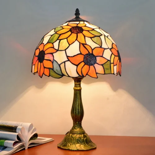 Настольная лампа Тиффани Sunflower OFT816 Tiffany Lighting разноцветная оранжевая зелёная белая 1 лампа, основание бронзовое коричневое металл в стиле тиффани подсолнухи цветы фото 2