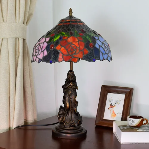 Настольная лампа Тиффани Flower OFT867 Tiffany Lighting разноцветная синяя оранжевая красная 1 лампа, основание коричневое металл в стиле тиффани девушка цветы фото 4
