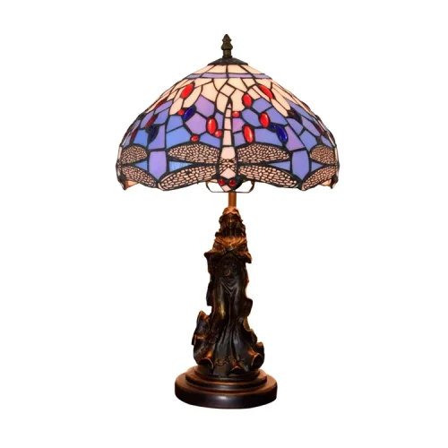 Настольная лампа Тиффани Dragonfly OFT862 Tiffany Lighting разноцветная синяя белая 1 лампа, основание коричневое металл в стиле тиффани девушка стрекоза фото 2