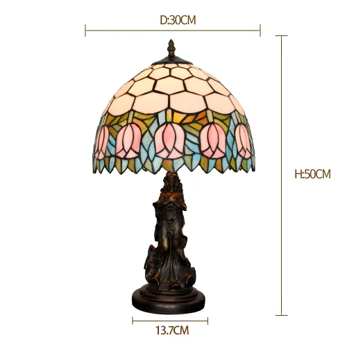Настольная лампа Тиффани Tulip OFT876 Tiffany Lighting разноцветная розовая зелёная 1 лампа, основание коричневое металл в стиле тиффани девушка цветы фото 6