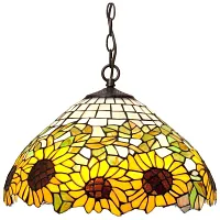 Люстра подвесная Тиффани 821-806-02 Velante бежевая жёлтая зелёная на 2 лампы, основание коричневое в стиле тиффани подсолнухи Люстра подвесная Тиффани 821-806-02 Velante бежевая жёлтая зелёная на 2 лампы, основание коричневое в стиле тиффани подсолнухи