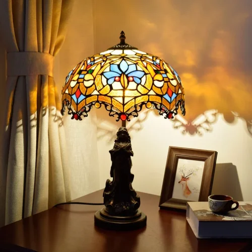 Настольная лампа Тиффани Petunia OFT881 Tiffany Lighting коричневая оранжевая разноцветная голубая 1 лампа, основание коричневое металл в стиле тиффани девушка цветы орнамент фото 3